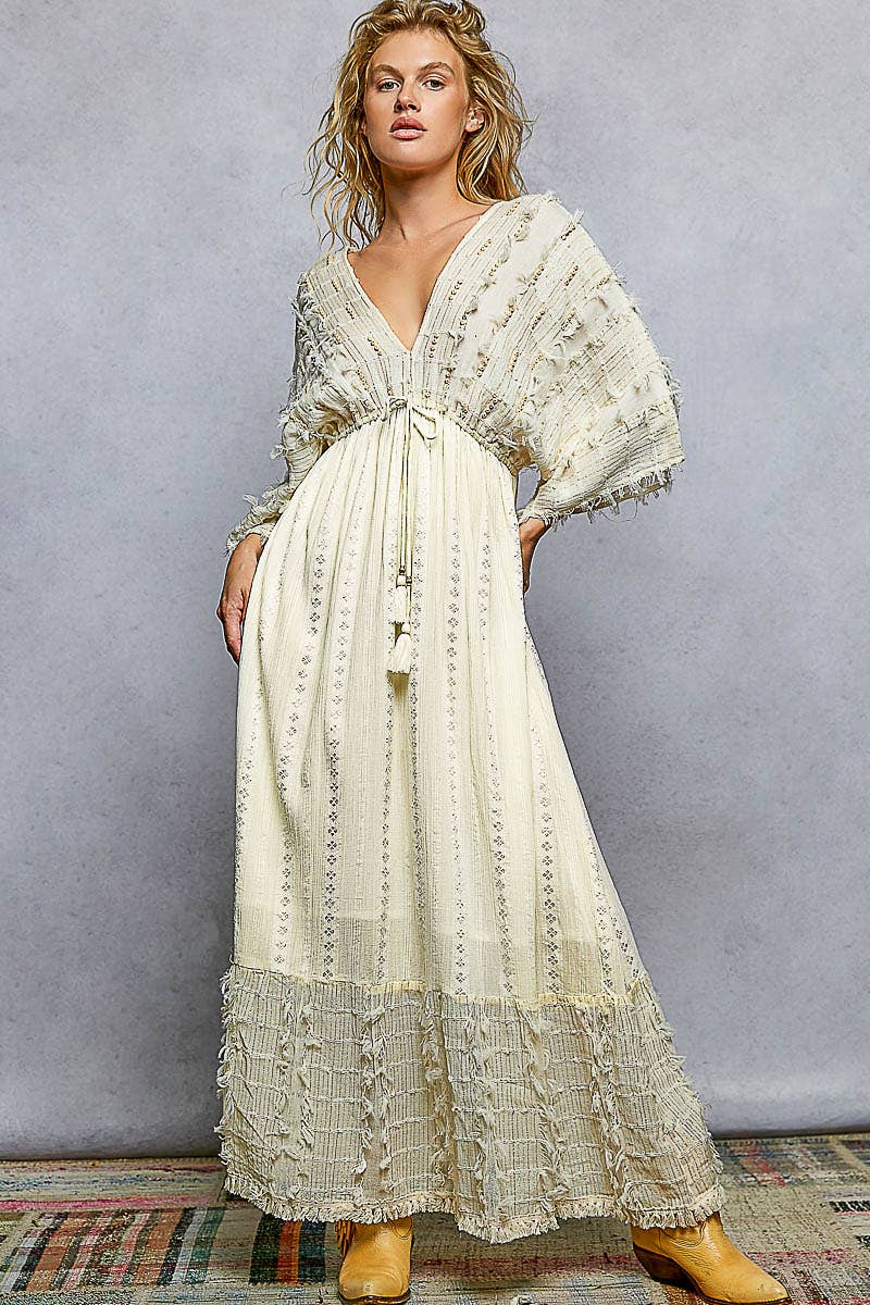 V-neck Metal Button Down Textured Linen Solid Maxi Dress: NATURAL / L