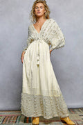 V-neck Metal Button Down Textured Linen Solid Maxi Dress: NATURAL / L