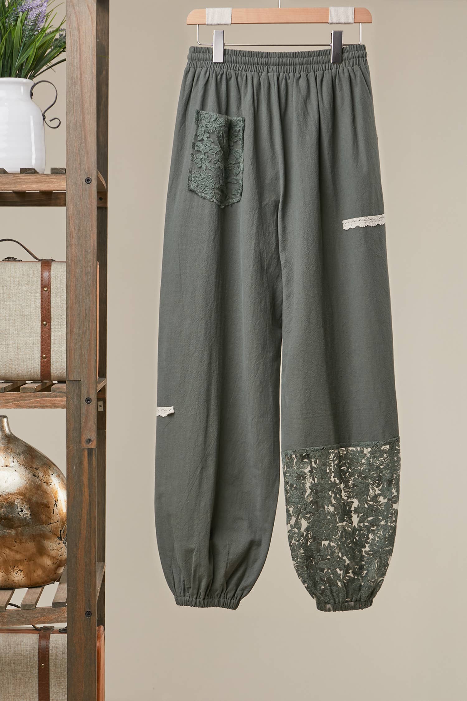 Lace Accents Patchwork Crochet Jogger Pants: SAGE
