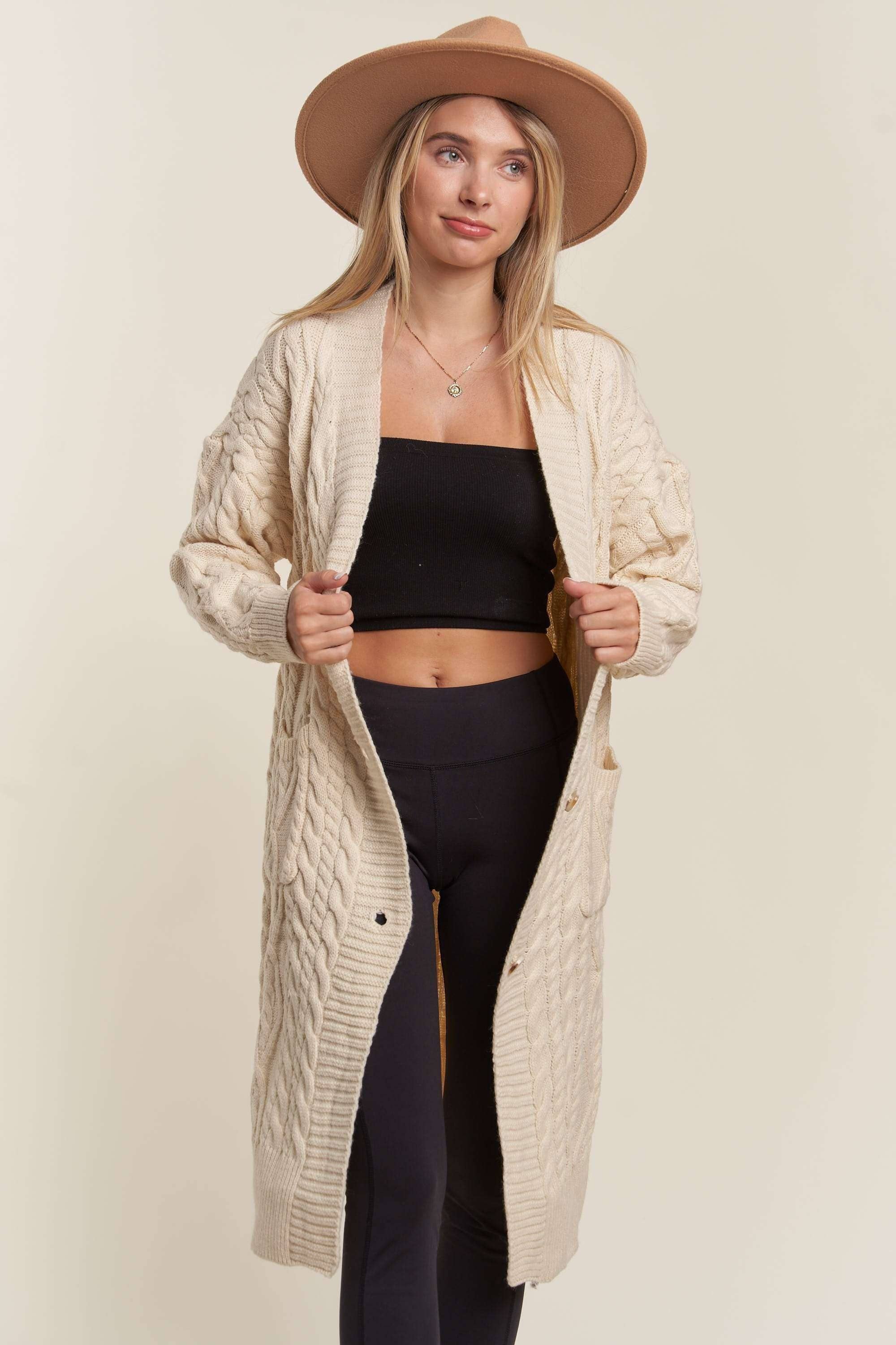 LESW3450A - CABLE KNIT LONG SWEATER CARDIGAN: BROWN / S/M-M/L(3-3)