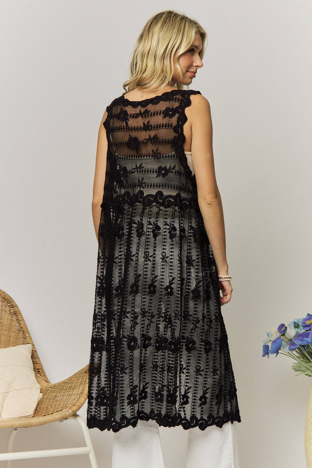 SHEER LACE LONGLINE VEST- LEJ4290: BEIGE / SM-ML(3-3)