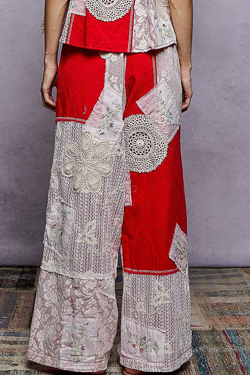 Solid Lace Patch Detail Woven Pants: SKY BLUE