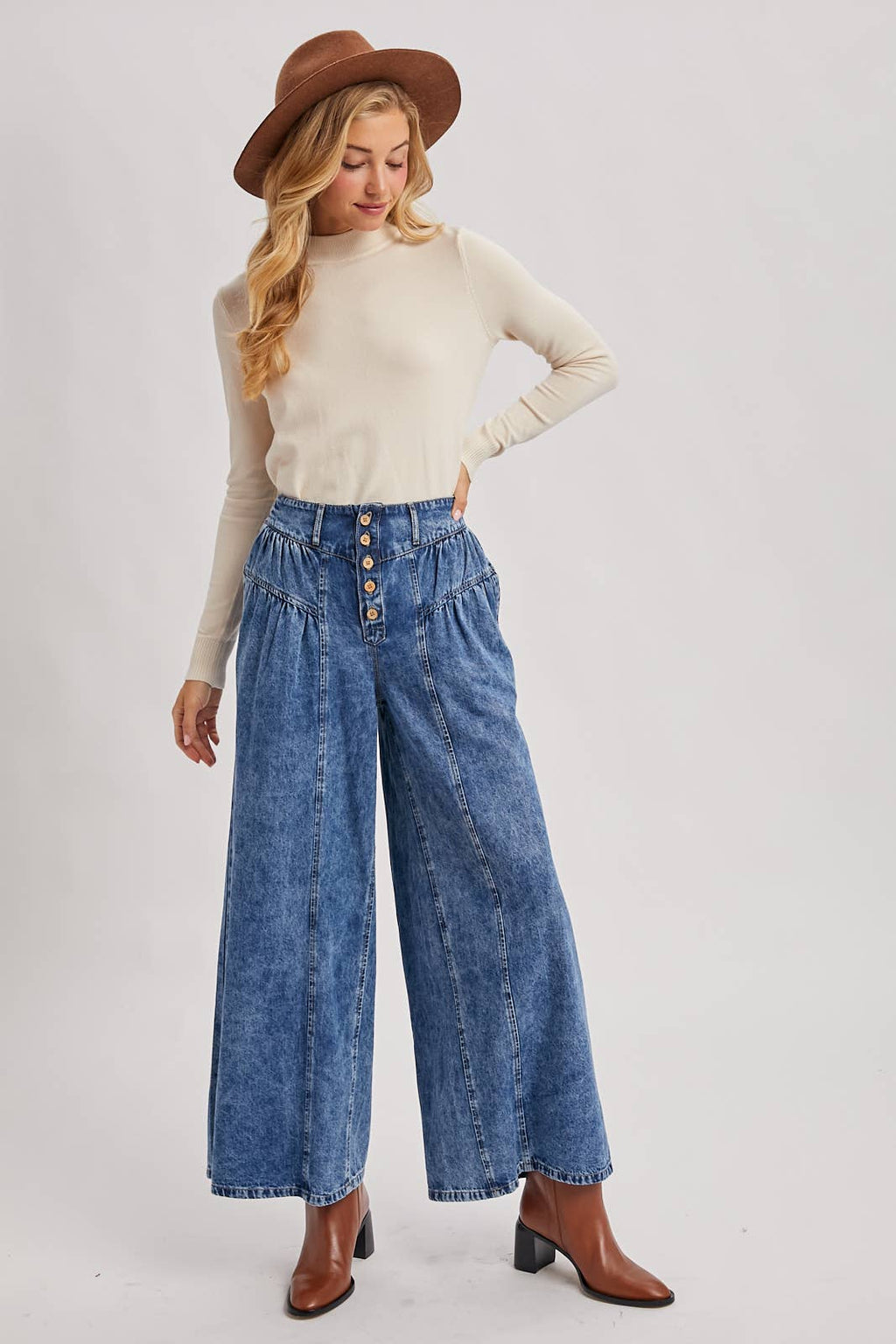 DENIM PLEATED RETRO HIGH-RISE WIDE LEG JEANS: LT.WASH / S