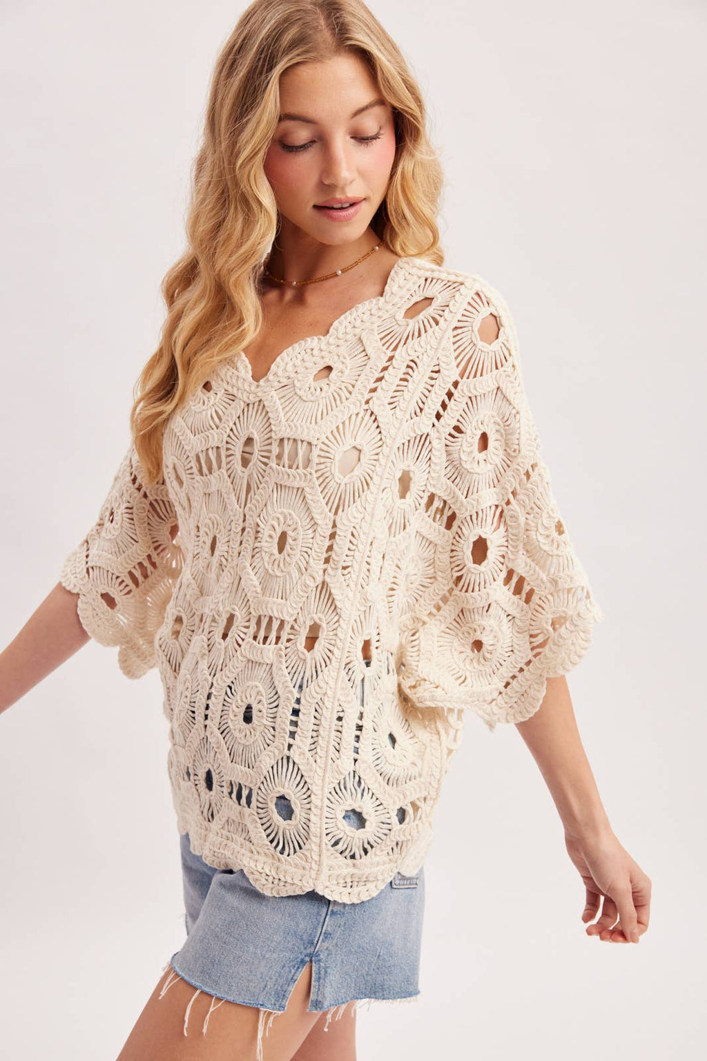 V-NECK OPEN-WORK CROCHET TOP: NATURAL / S/M