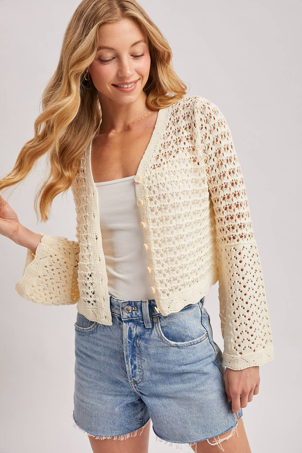 BUTTON DOWN OPEN-KNIT CROCHET CARDIGAN: MOCHA / L