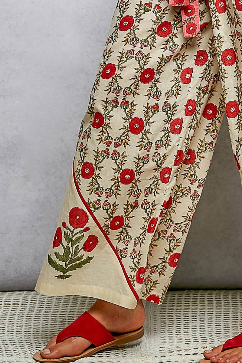 Waist Belt Floral Pattern Straight Fit Pants: CREAM MULTI / S