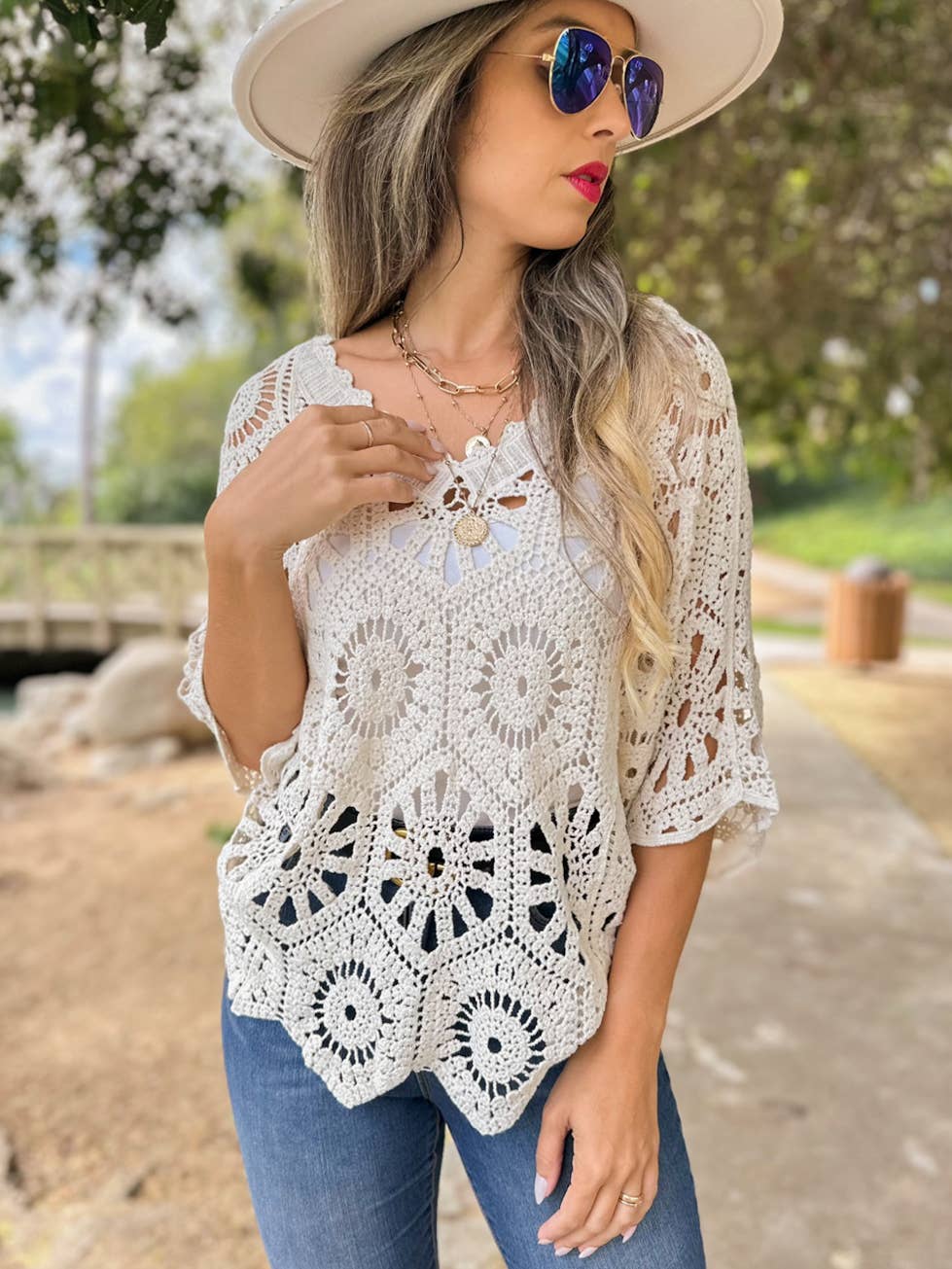 Hexagon Boho Floral Pattern V-Neck Dolman Sleeve Crochet Top: Ivory / One Size