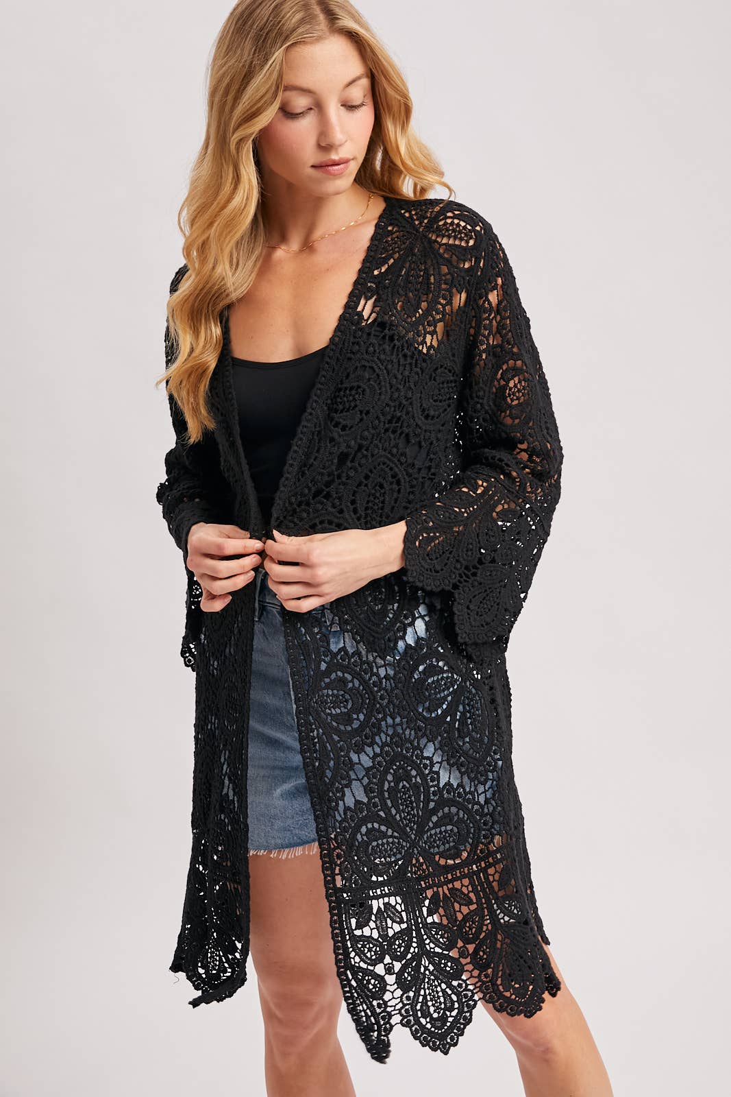CROCHET OPEN FRONT BELL SLEEVED CARDIGAN: LATTE / S/M