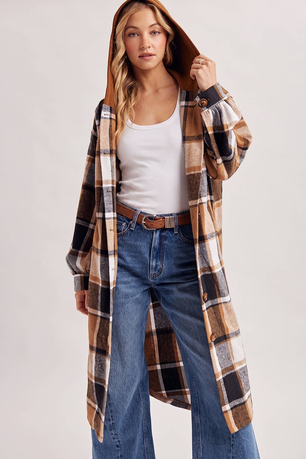LONGLINE PLAID HOODED JACKET