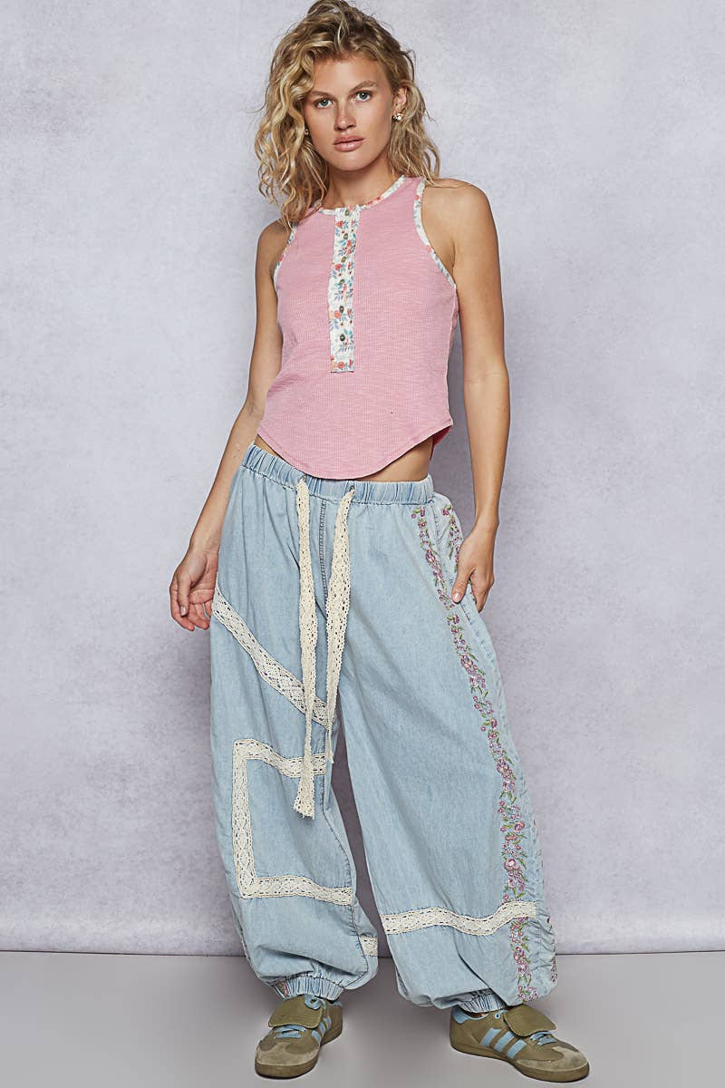 Vintage Washed Embroidery Trim Point Jogger Pants: NAVY CHARCOAL / M