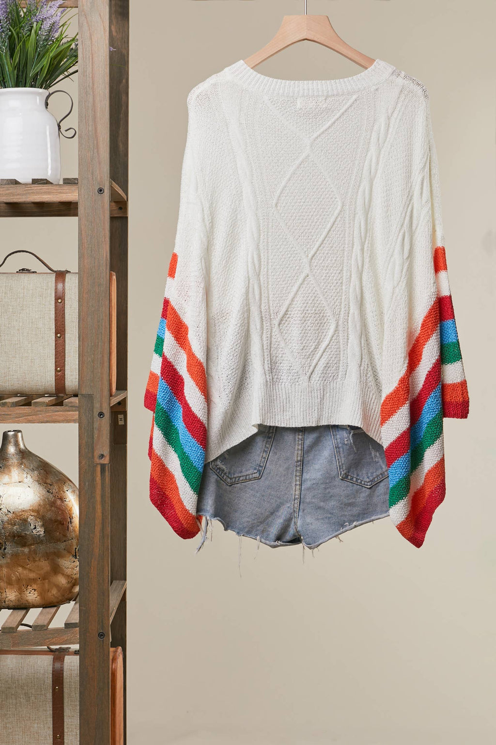Cable Knit Sweater with Rainbow Stripe: Multi / L