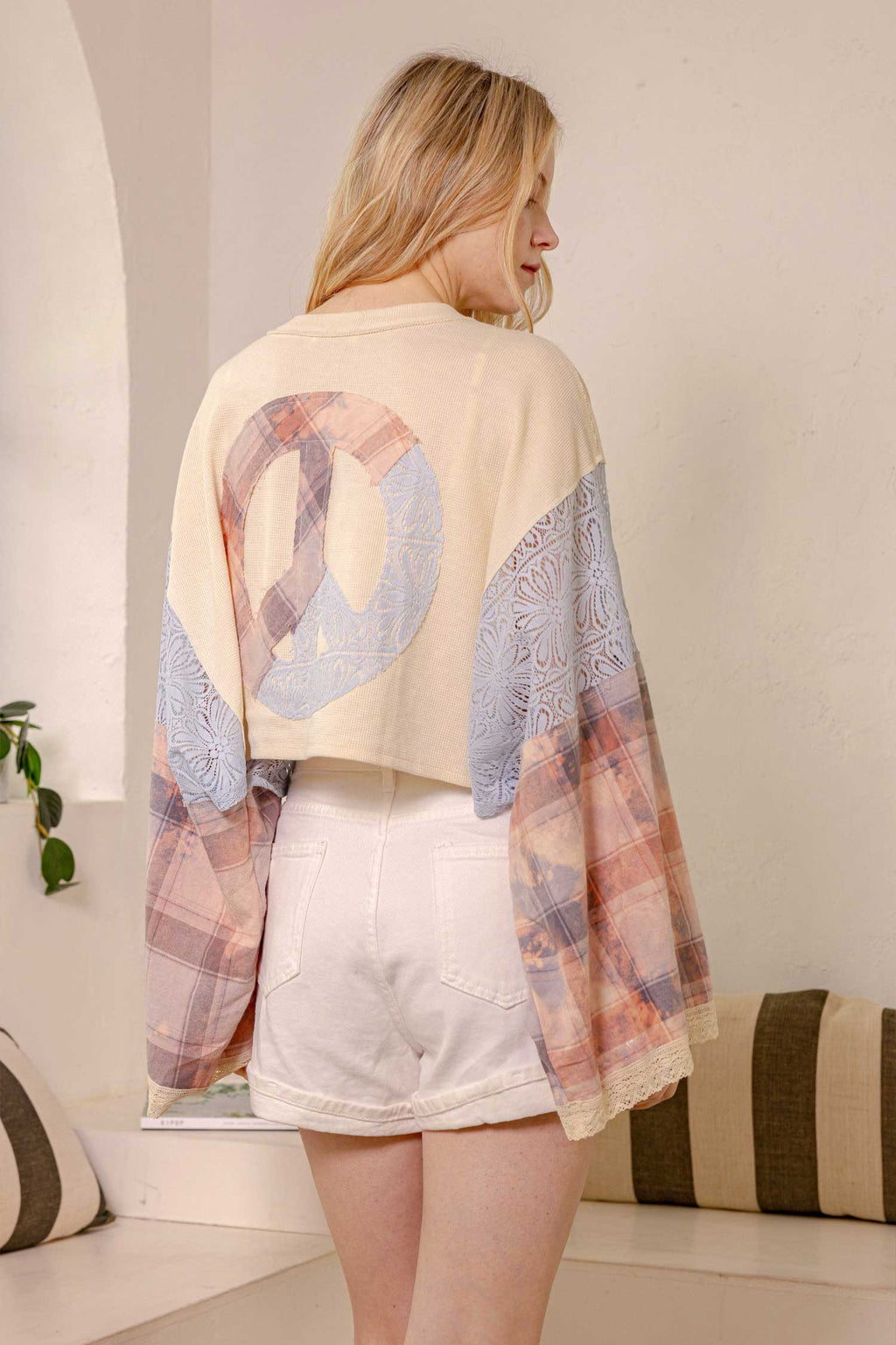 Peace Sign Patchwork Top: Multi / L