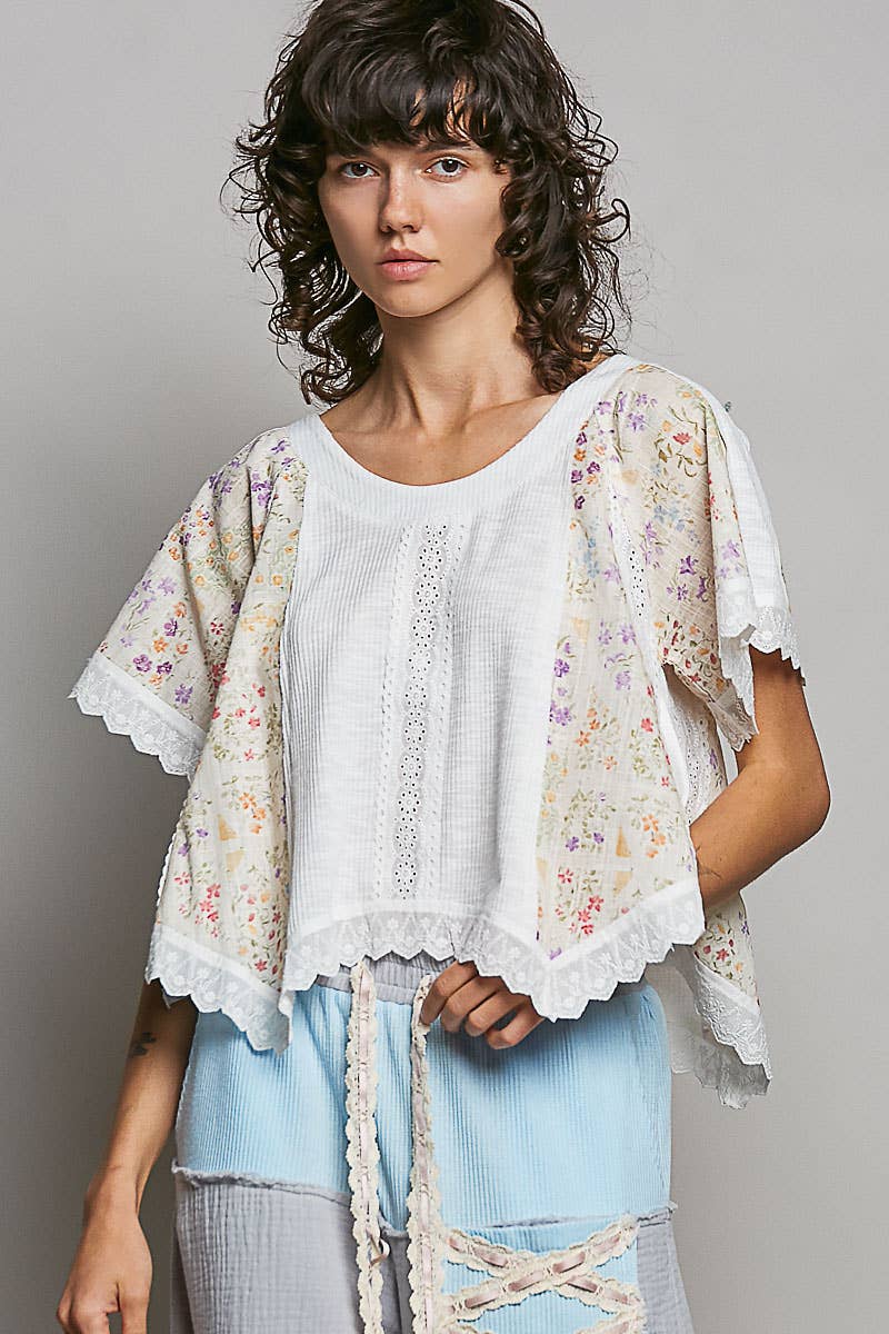 Round Neck Contrast Floral Eyelet Trim Rib Short Sleeve Top: PALE PINK