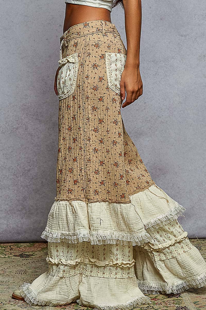 Double Gauze Floral Front Patch Pockets Ruffle Wide Pants: NATURAL MULTI