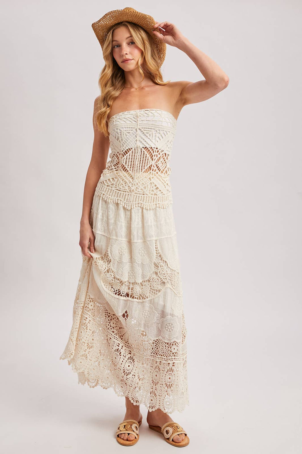 BOHO SHEER LACE MAXI SKIRT WITH LINING: NATURAL / L