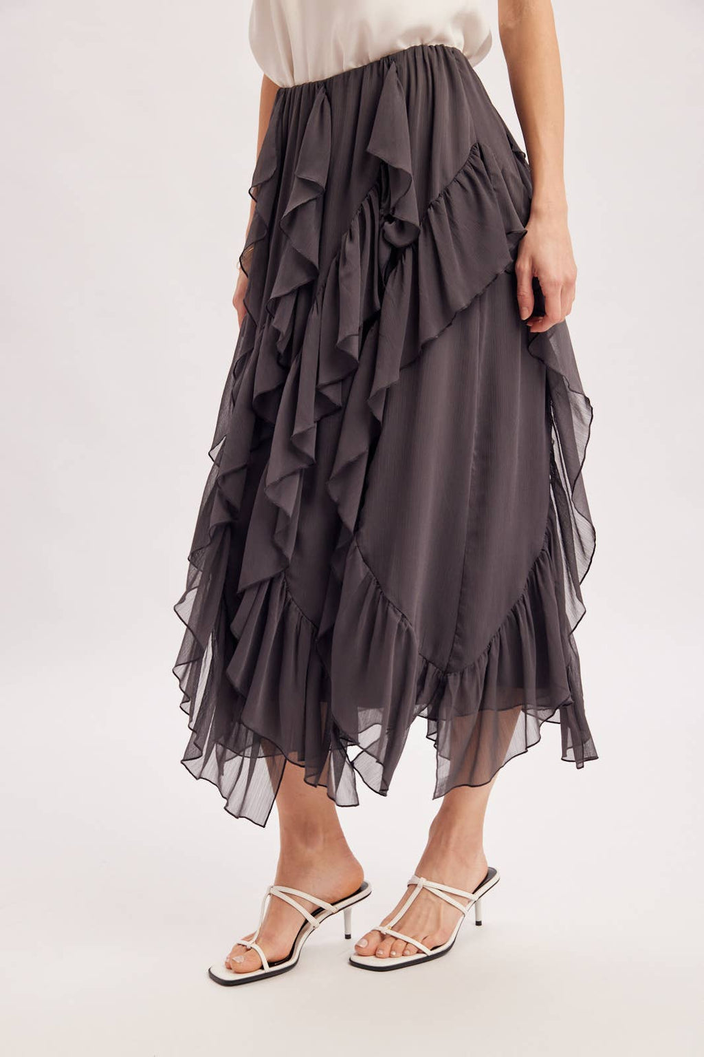 SEMI-SHEER CHIFFON RUFFLED TULLE MIDI SKIRT: ECRU