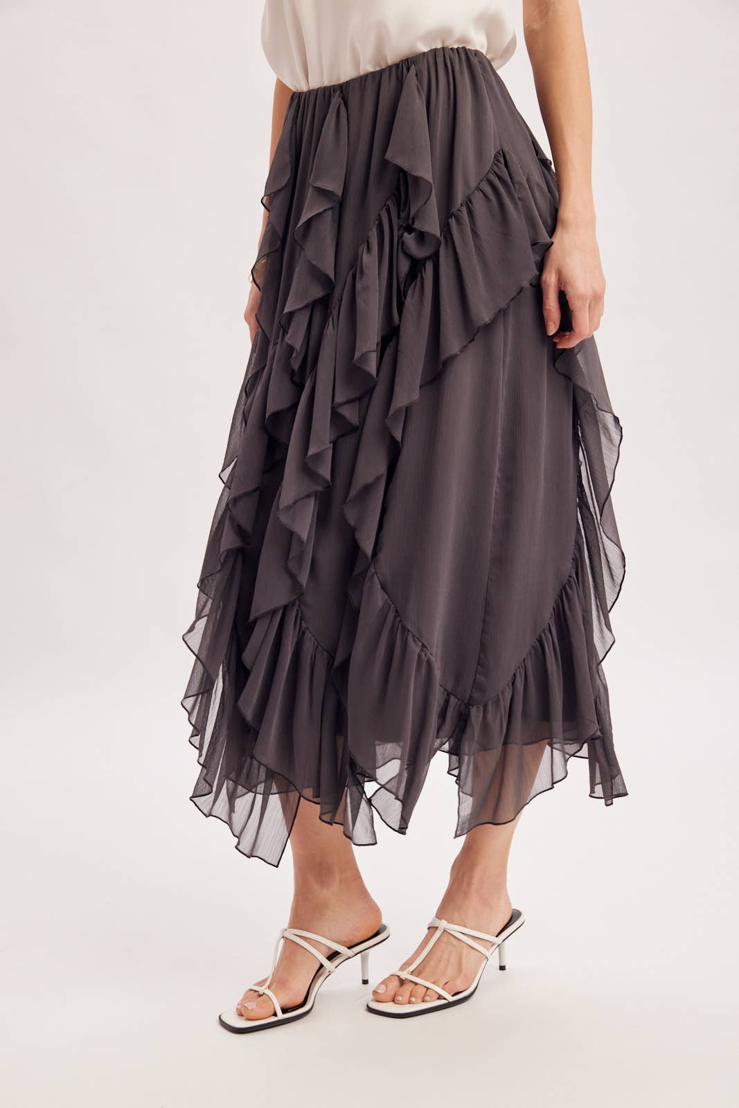 SEMI-SHEER CHIFFON RUFFLED TULLE MIDI SKIRT: ECRU