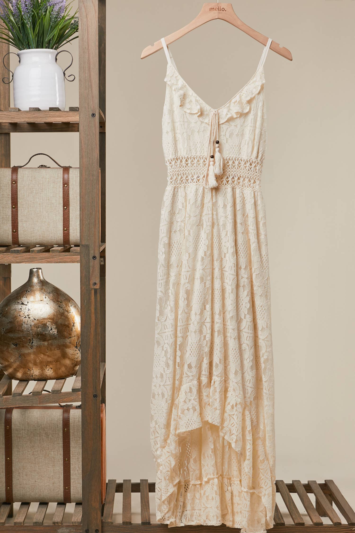 Bohemian Hi Low Maxi Dress with Tassel Detail: Ivory