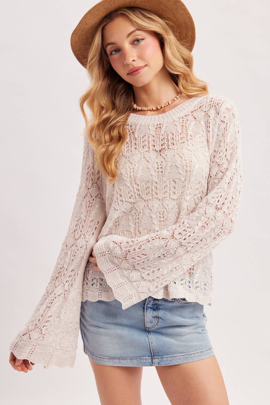 BOHO POINTELLE OPEN KNIT TOP PULLOVER