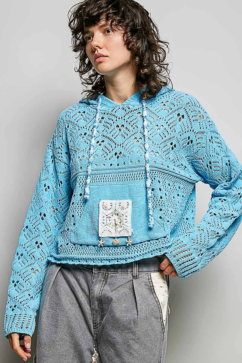 Chenille Crochet Lightweight Pullover Hoodie Sweater: NATURAL / S