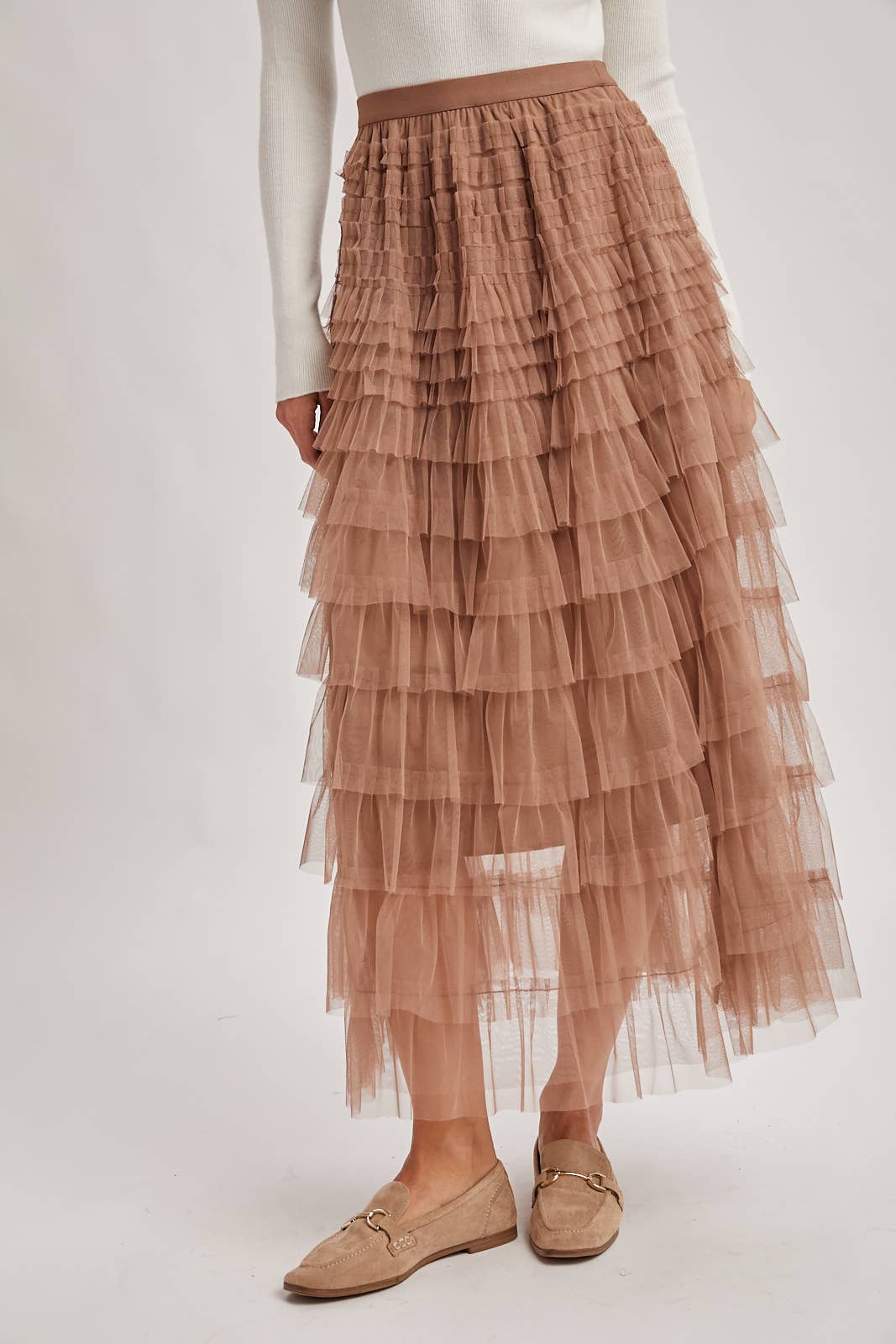 RUFFLED TULLE MIDI SKIRT: MAUVE / M