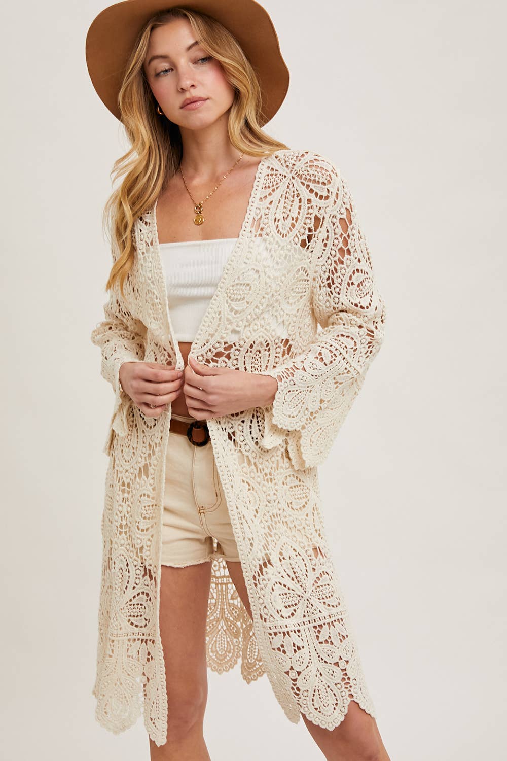 CROCHET OPEN FRONT BELL SLEEVED CARDIGAN: LATTE / M/L