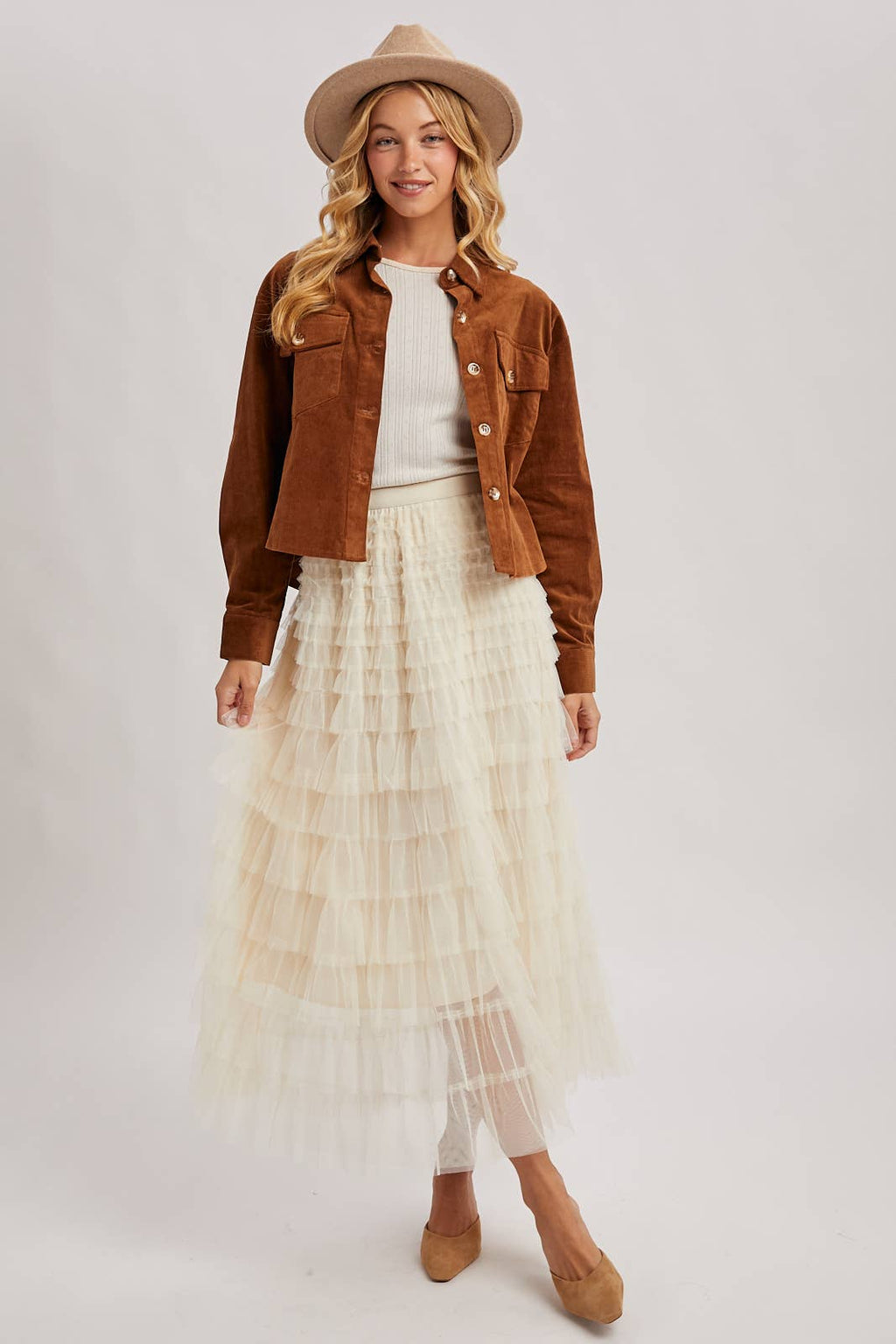 RUFFLED TULLE MIDI SKIRT: MAUVE / S