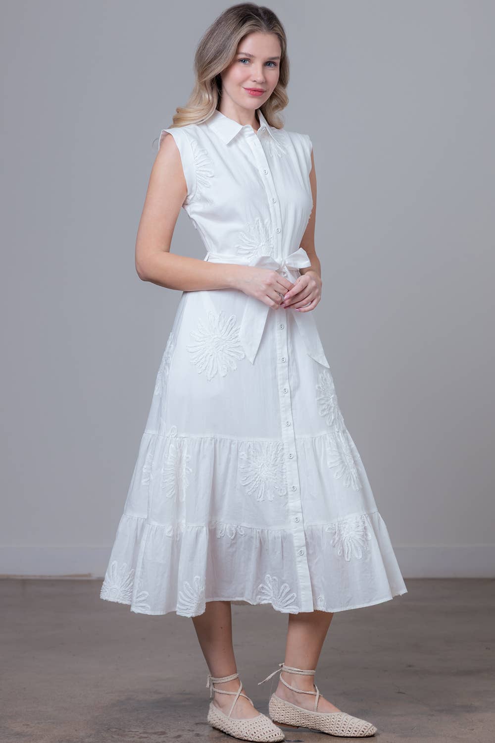 HD30551T-APPLIQUE TIERED SKIRT MIDI DRESS : Pink / Contemporary / L