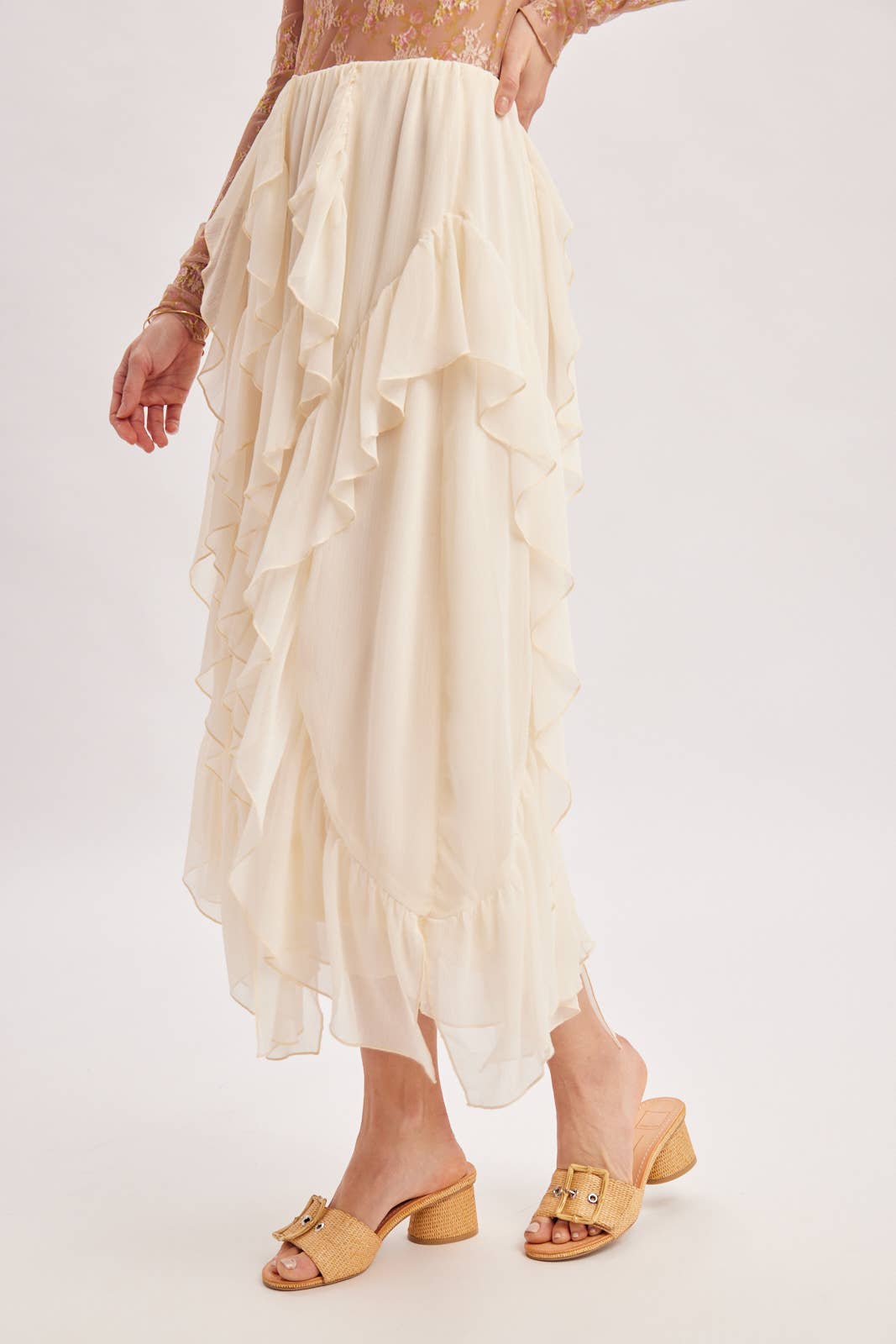 SEMI-SHEER CHIFFON RUFFLED TULLE MIDI SKIRT: ECRU