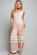 Double Gauze Trim Floral Patch Waistband Jogger Pants: Pink