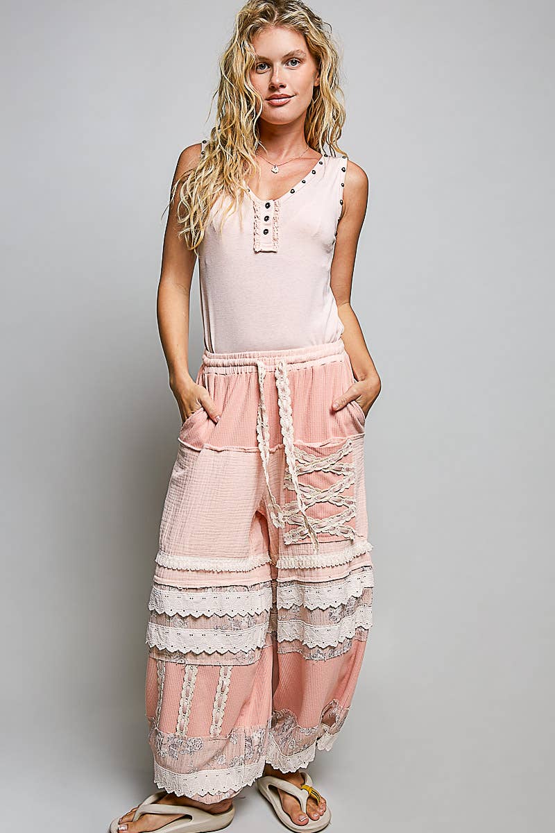 Double Gauze Trim Floral Patch Waistband Jogger Pants: Pink