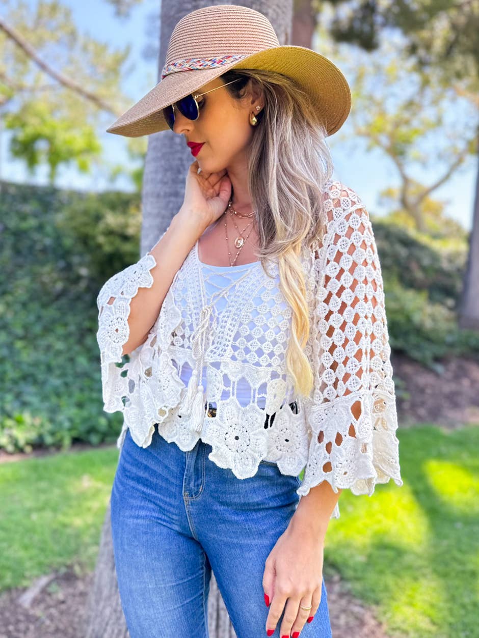 Boho Floral Crochet Bell Sleeve Top with Tassel Lace-Up: Ivory / One Size