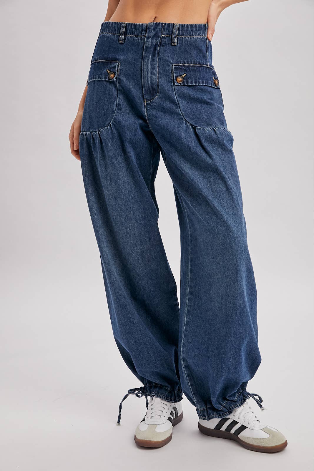 DENIM ANKLE DRAWSTRING BALLOON JEANS: DK.WASH / S