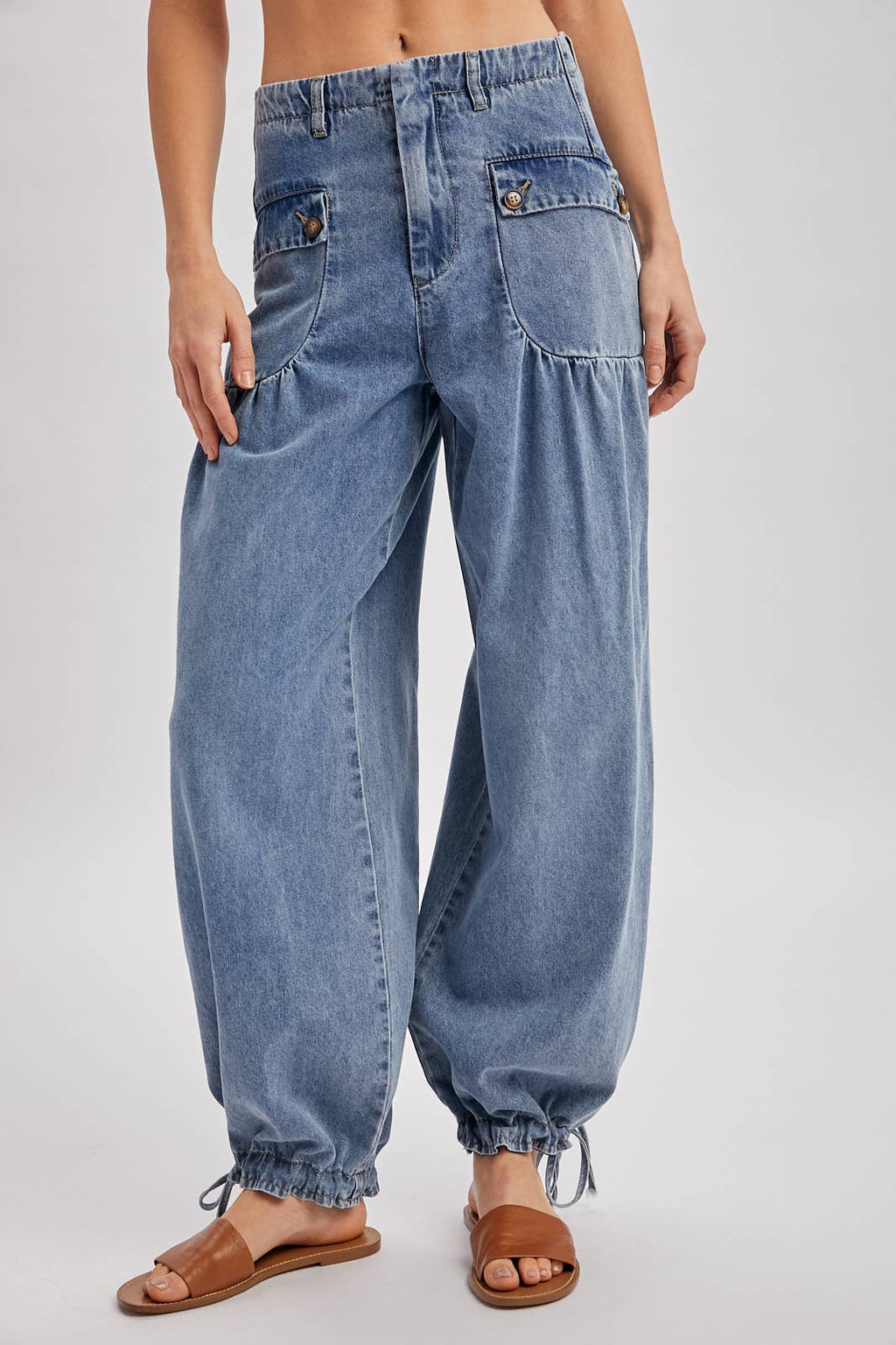DENIM ANKLE DRAWSTRING BALLOON JEANS: DK.WASH / S