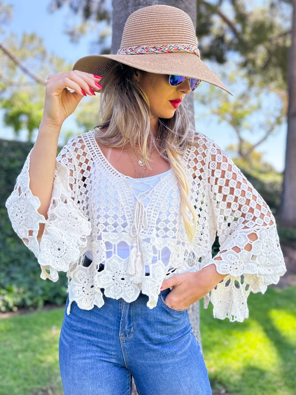 Boho Floral Crochet Bell Sleeve Top with Tassel Lace-Up: Ivory / One Size