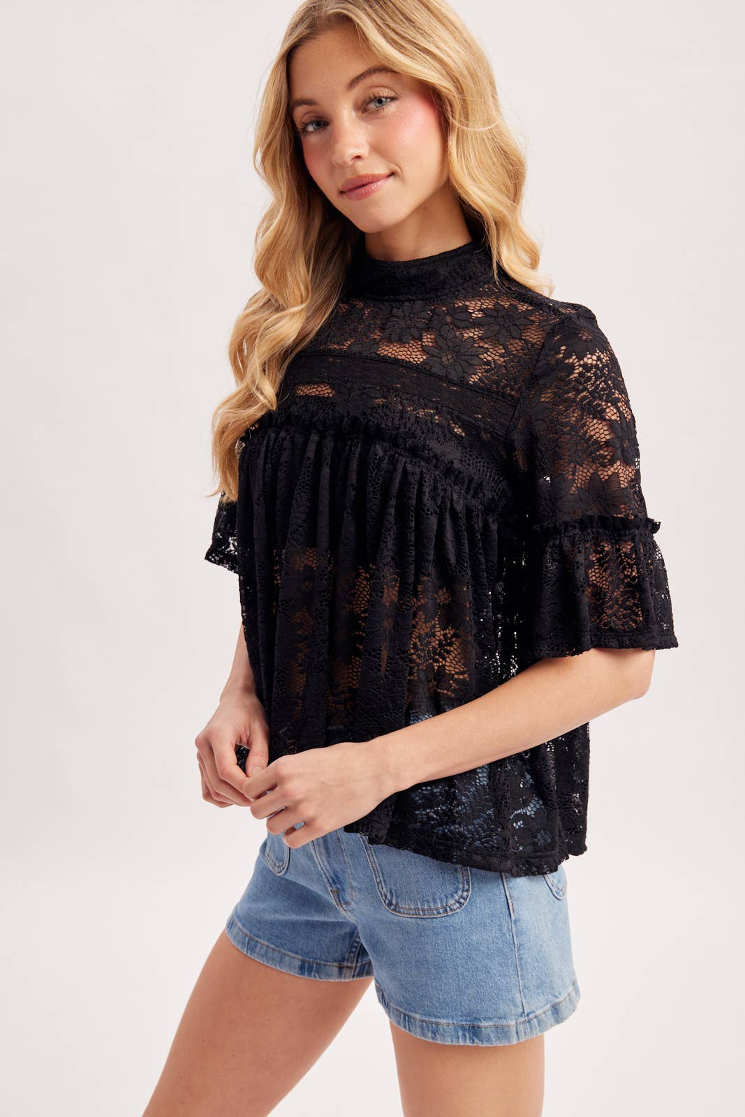 MOCK NECK BABY DOLL LACE TOP WITH NO LINING - EASTER DAY: Black / S
