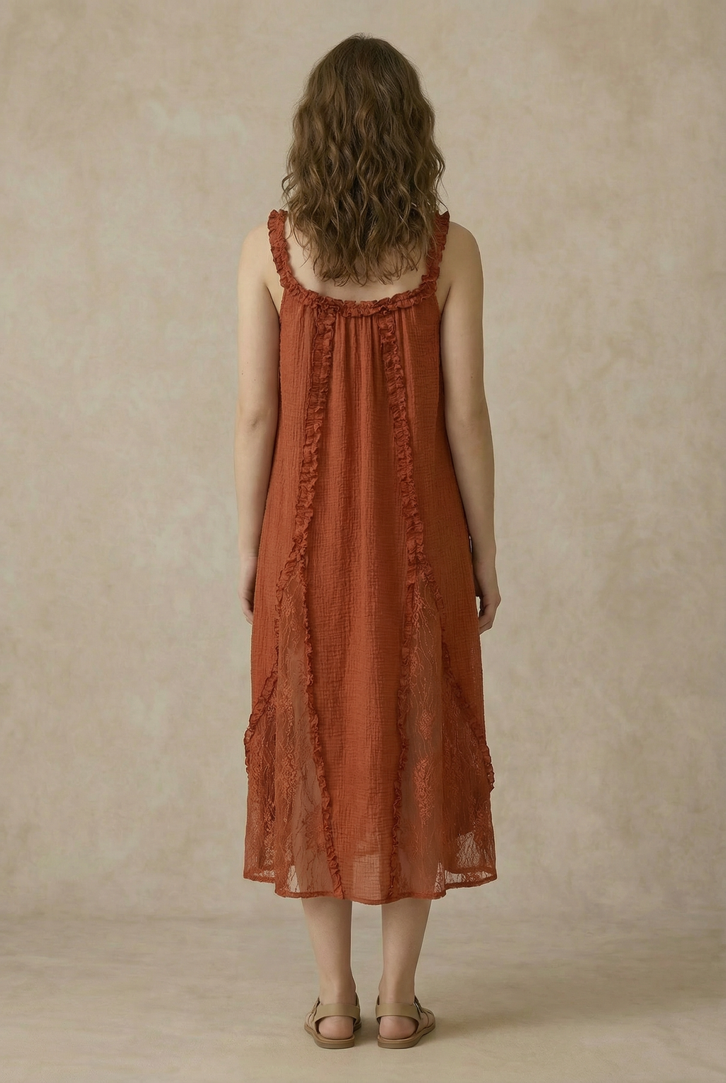 RUFFLED BOHO MAXI DRESS: Rust / M