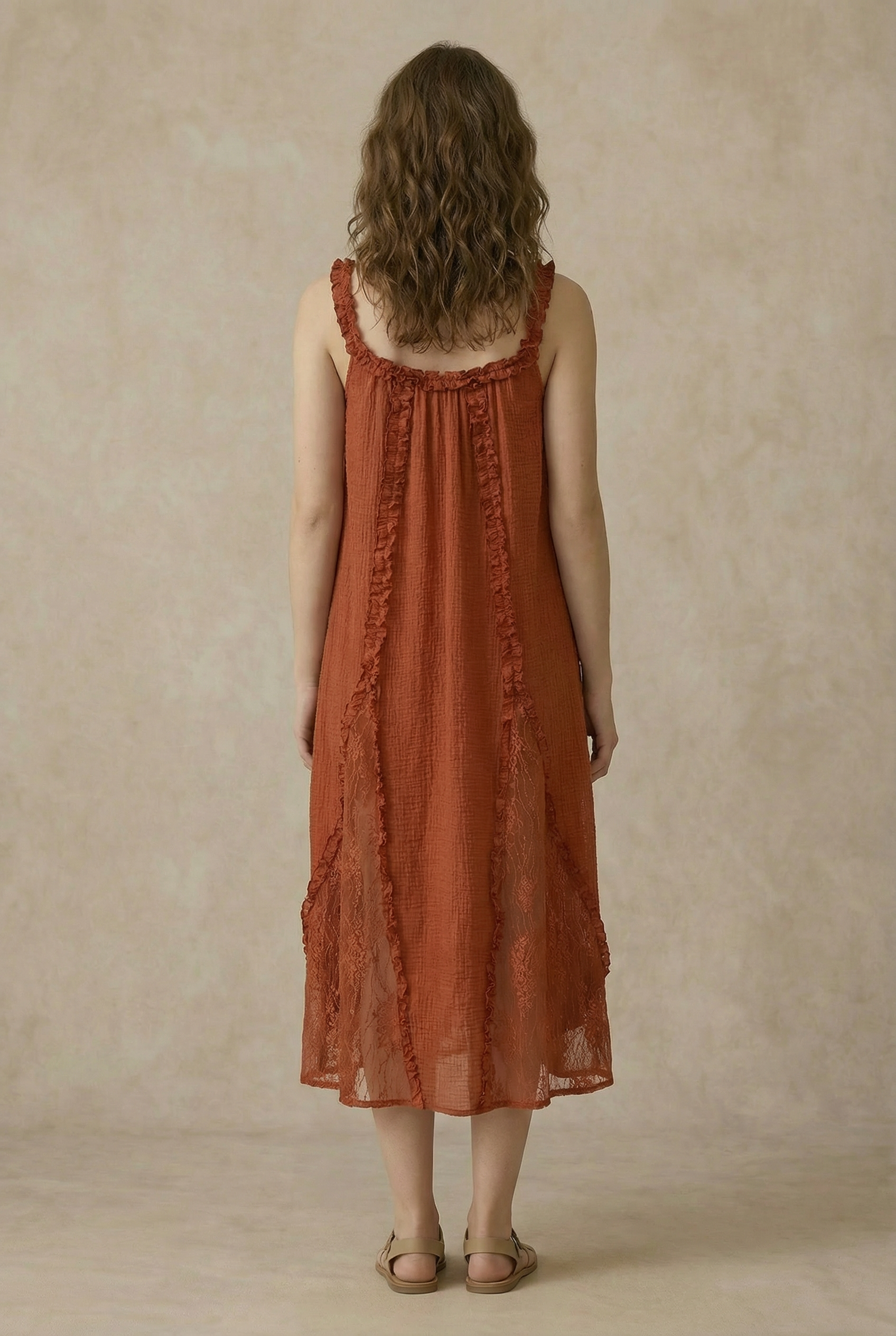 RUFFLED BOHO MAXI DRESS: Rust / S