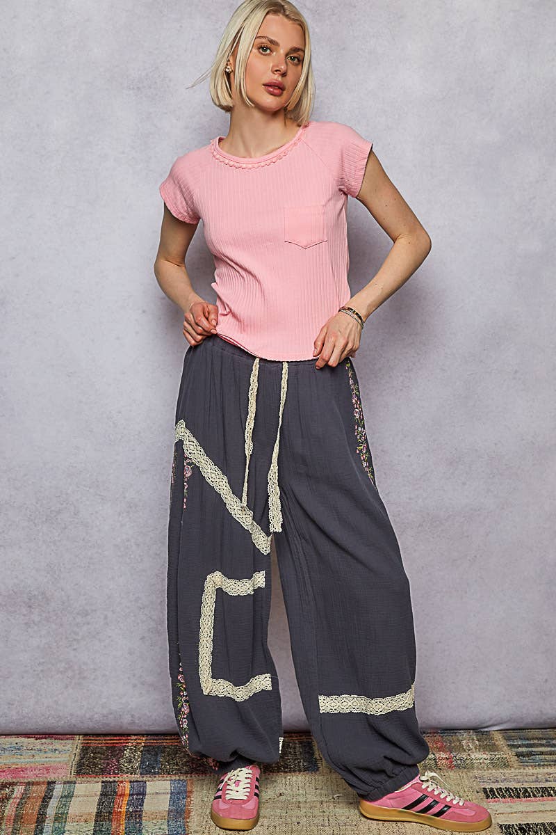 Vintage Washed Embroidery Trim Point Jogger Pants: NAVY CHARCOAL / M