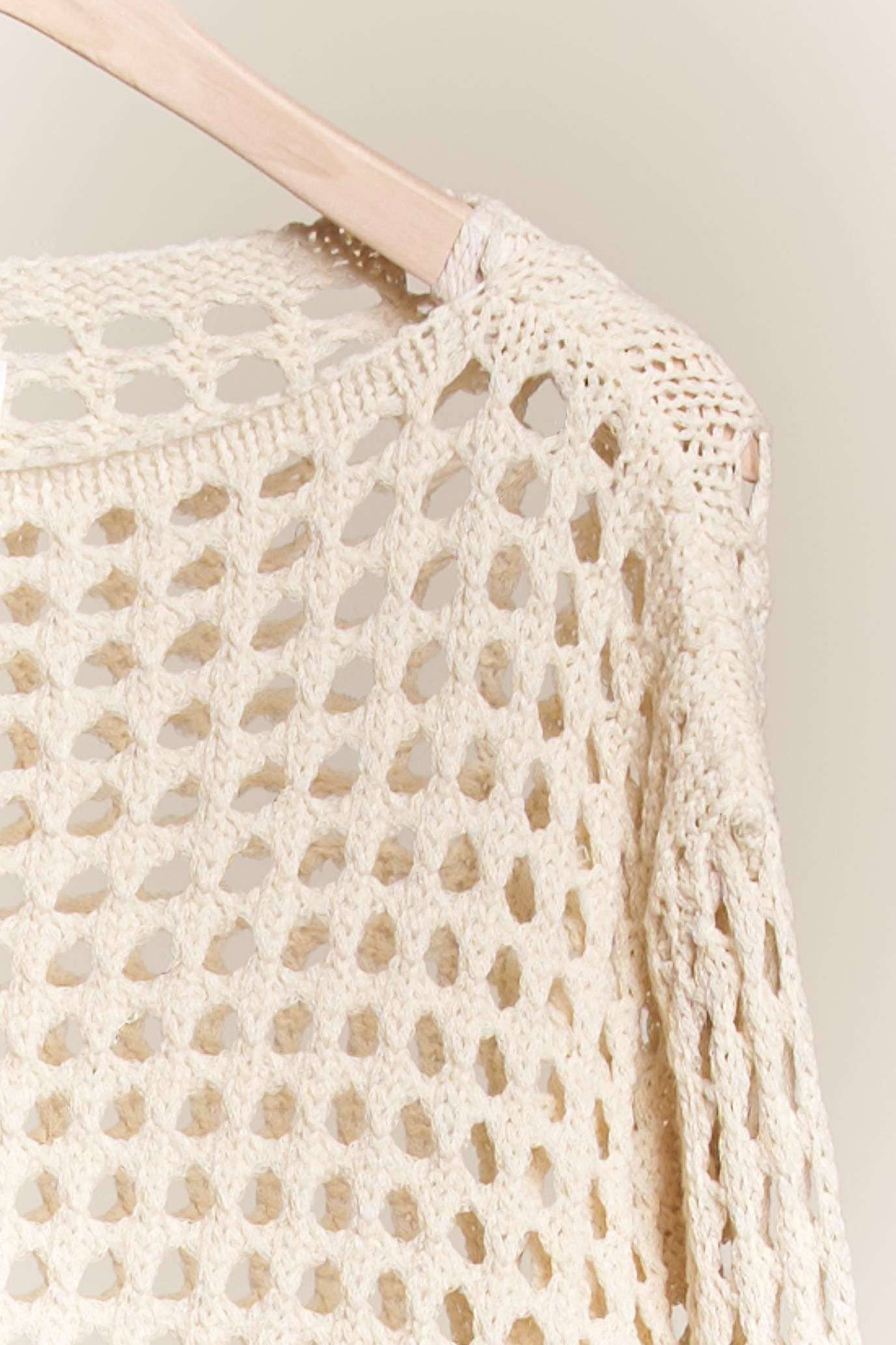 Boat Neck Fishnet Sweater with Fringe detail: Cream