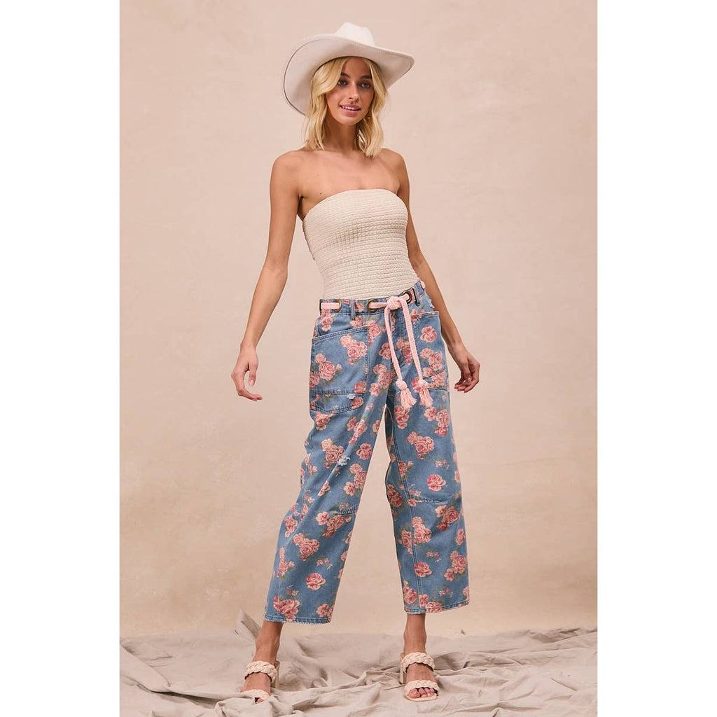 BRAIDED WAIST BELT PATCH POCKET FLORAL DENIM PANTS.