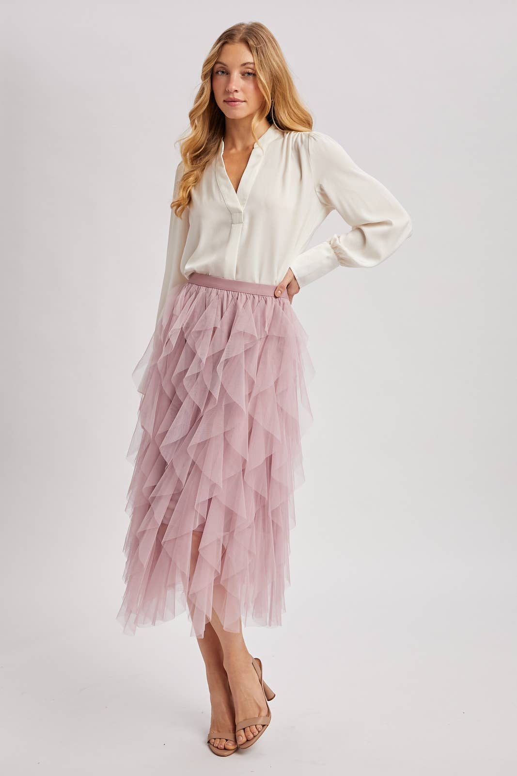 SPRIAL RUFFLED TULLE MIDI SKIRT - EASTER DAY: ROSE / M