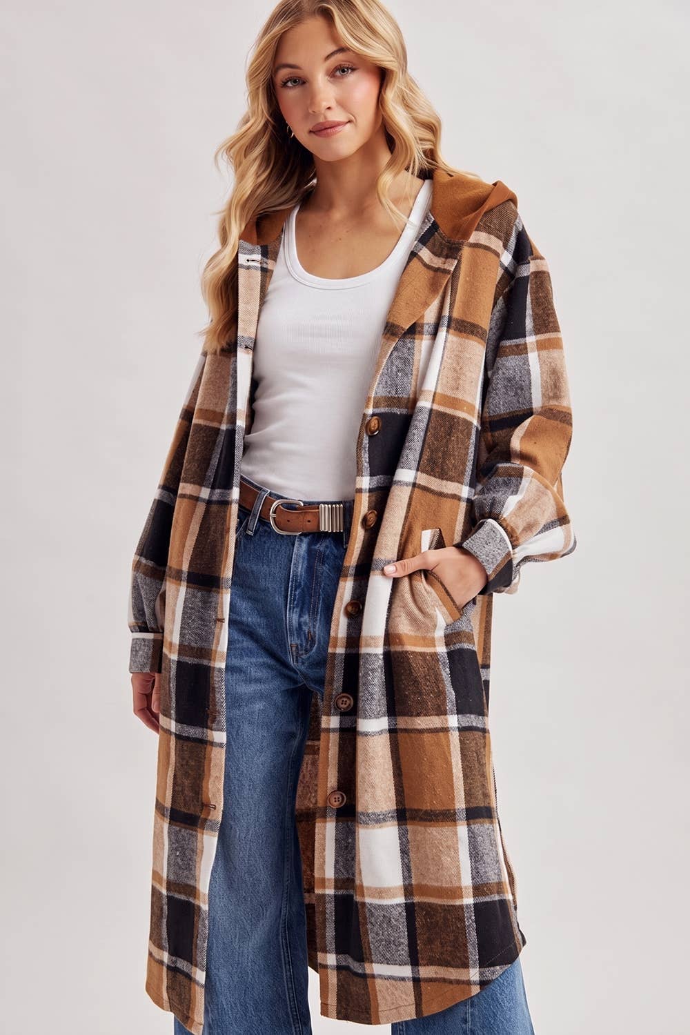 LONGLINE PLAID HOODED JACKET