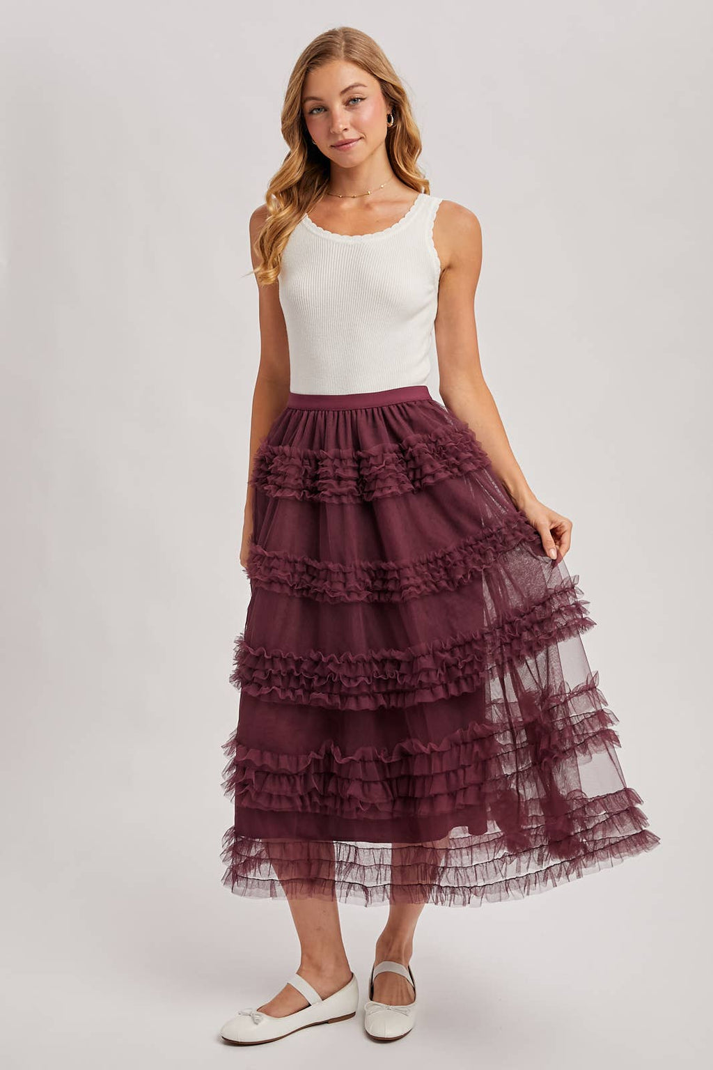 ROMANTIC RUFFLE TIERED TULLE MIDI SKIRT: PLUM / M