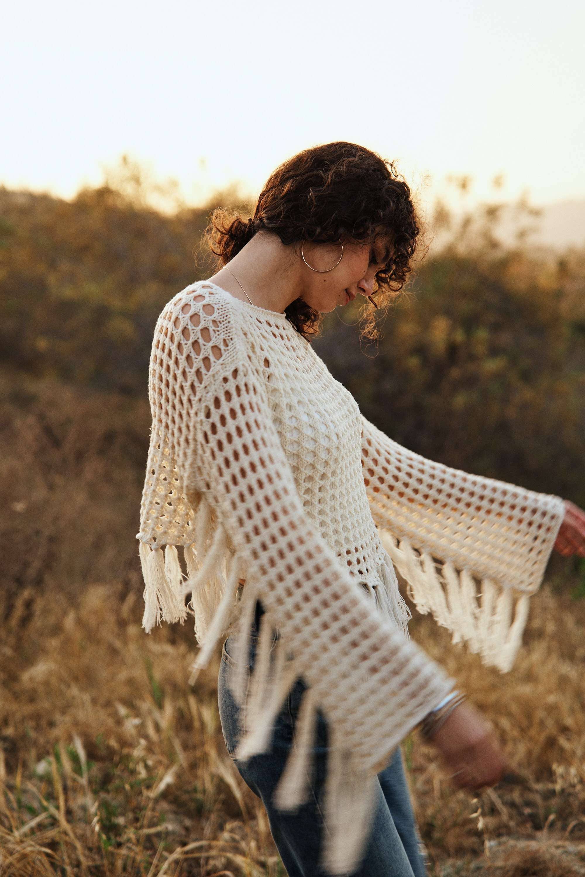 Boat Neck Fishnet Sweater with Fringe detail: Cream