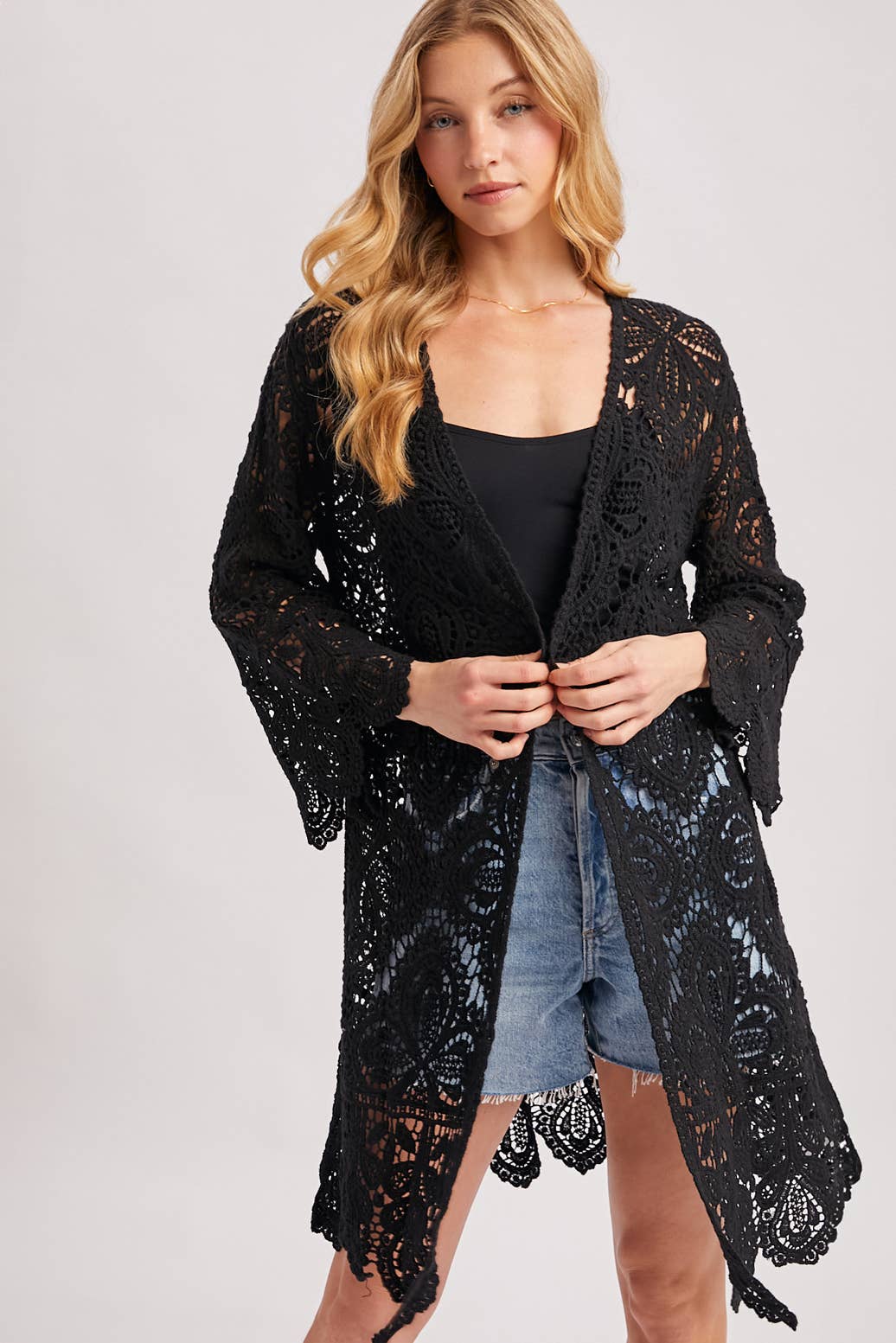 CROCHET OPEN FRONT BELL SLEEVED CARDIGAN: LATTE / S/M
