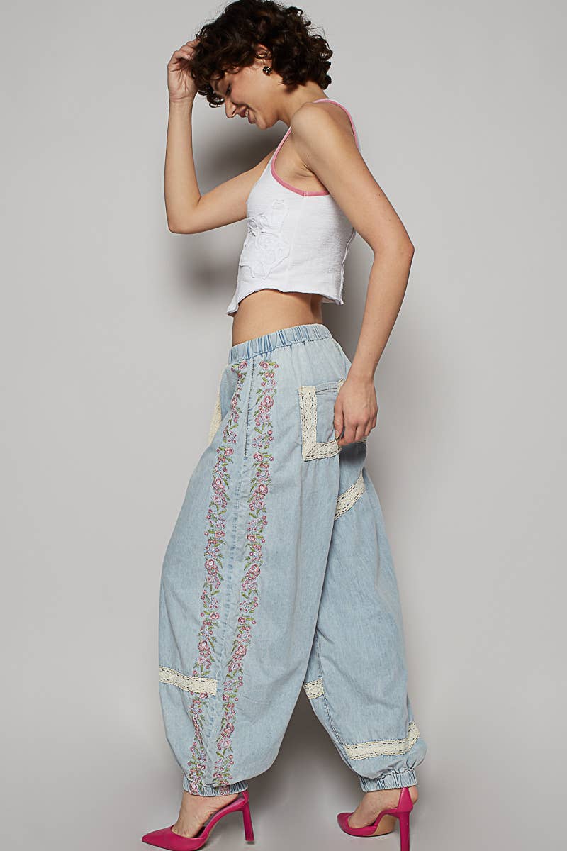Vintage Washed Embroidery Trim Point Jogger Pants: NAVY CHARCOAL / M