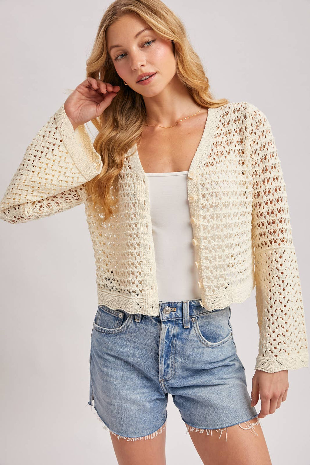 BUTTON DOWN OPEN-KNIT CROCHET CARDIGAN: MOCHA / M