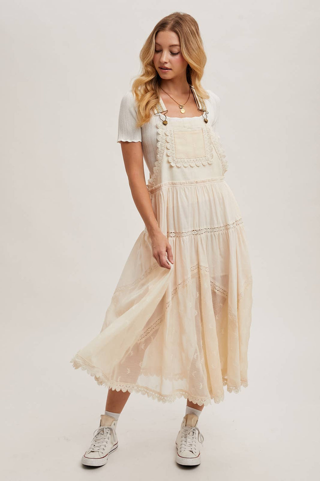 LACE EMBROIDERED TULLE BIB MAXI DRESS: ASH
