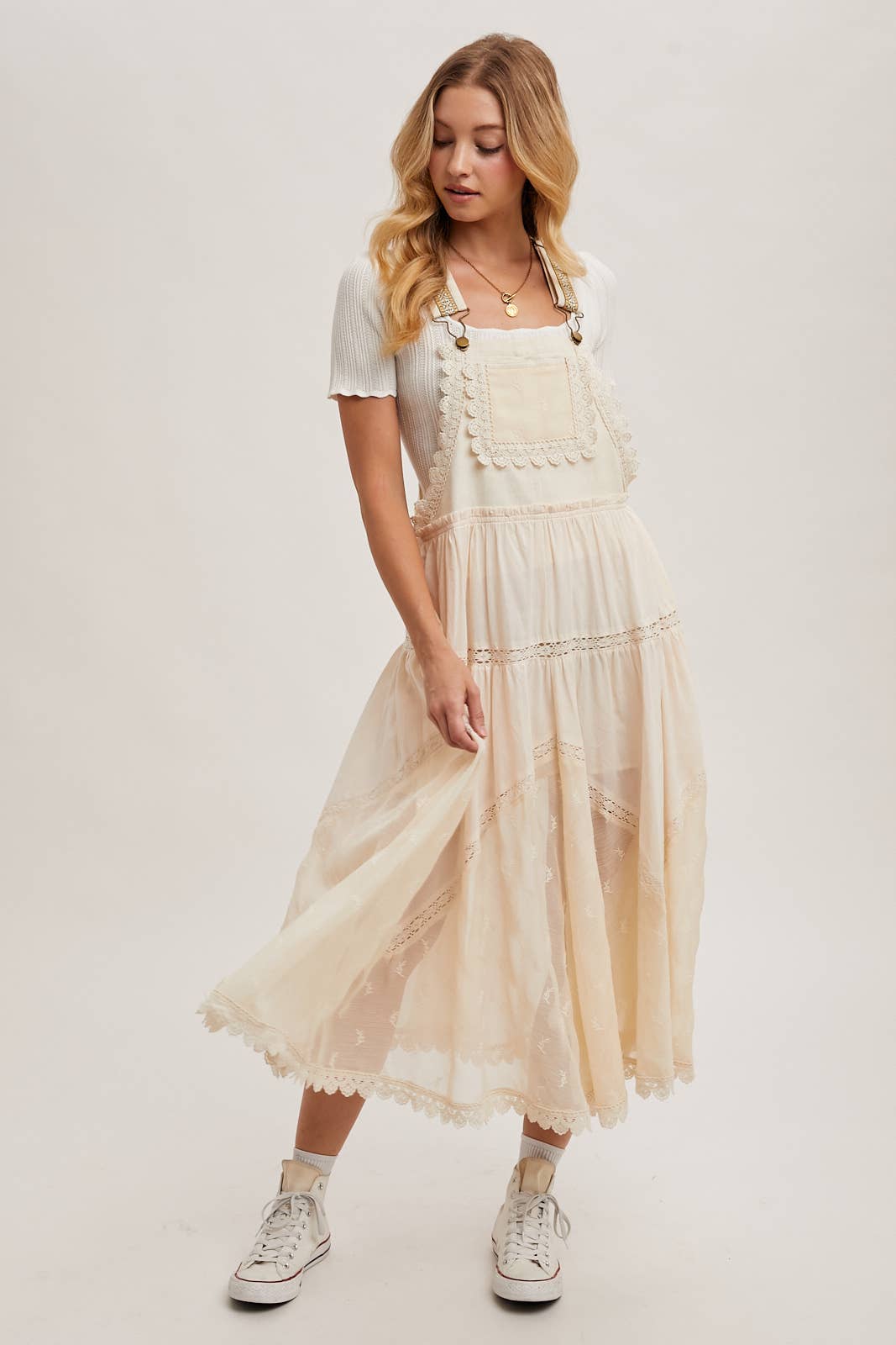 LACE EMBROIDERED TULLE BIB MAXI DRESS: ASH